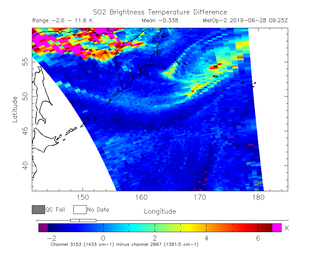 SO2 Brightness Temperature Difference 2019-06-28 09:25Z