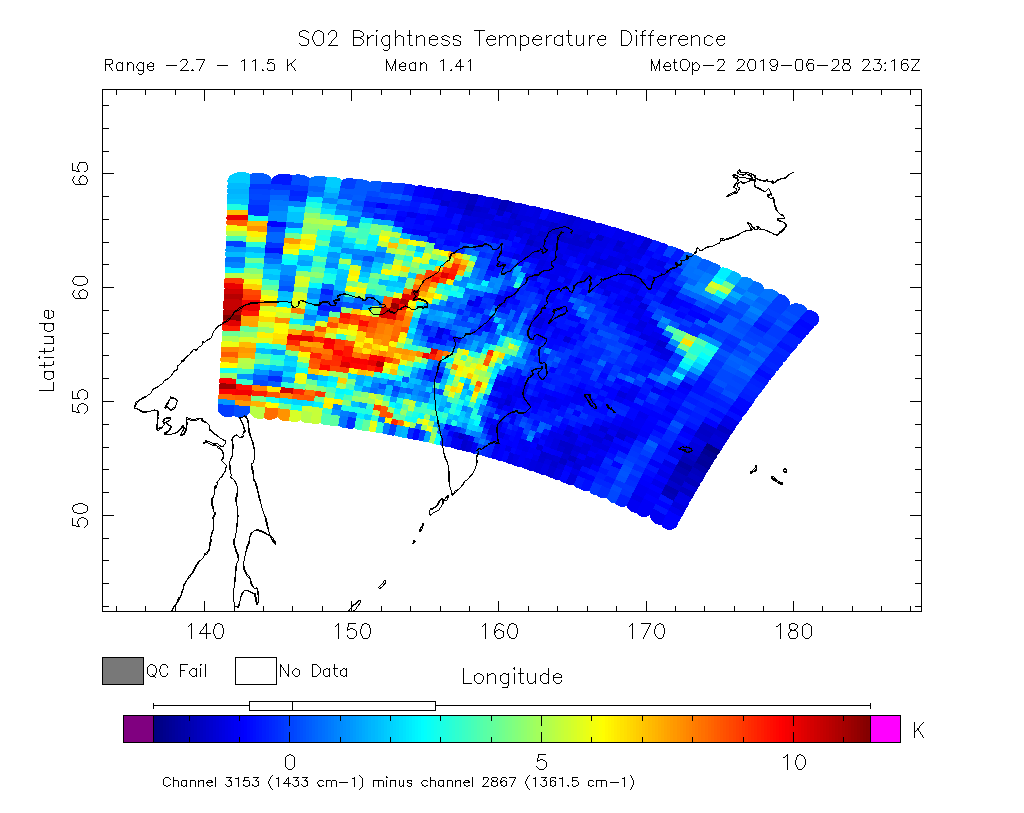 SO2 Brightness Temperature Difference 2019-06-28 23:16Z