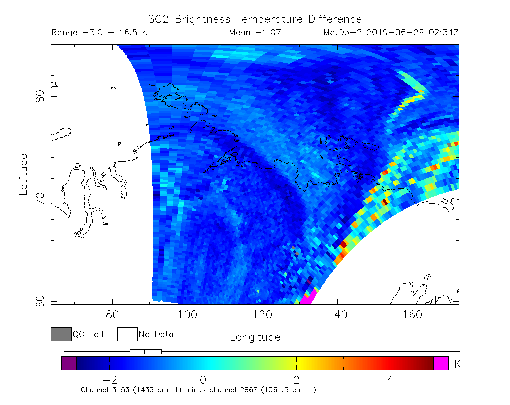 SO2 Brightness Temperature Difference 2019-06-29 02:34Z