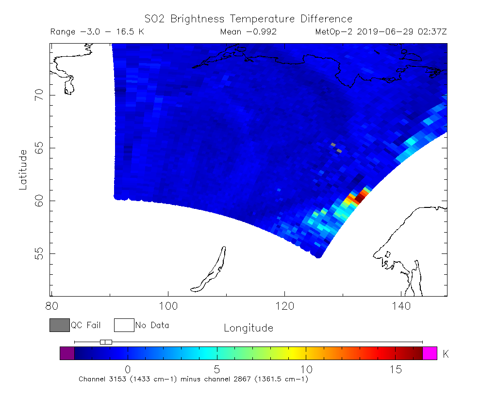 SO2 Brightness Temperature Difference 2019-06-29 02:37Z