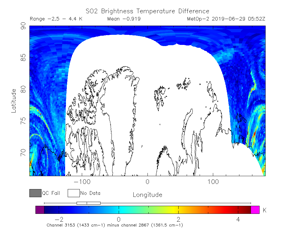 SO2 Brightness Temperature Difference 2019-06-29 05:52Z