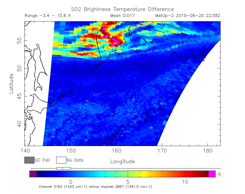 SO2 Brightness Temperature Difference 2019-06-29 22:58Z
