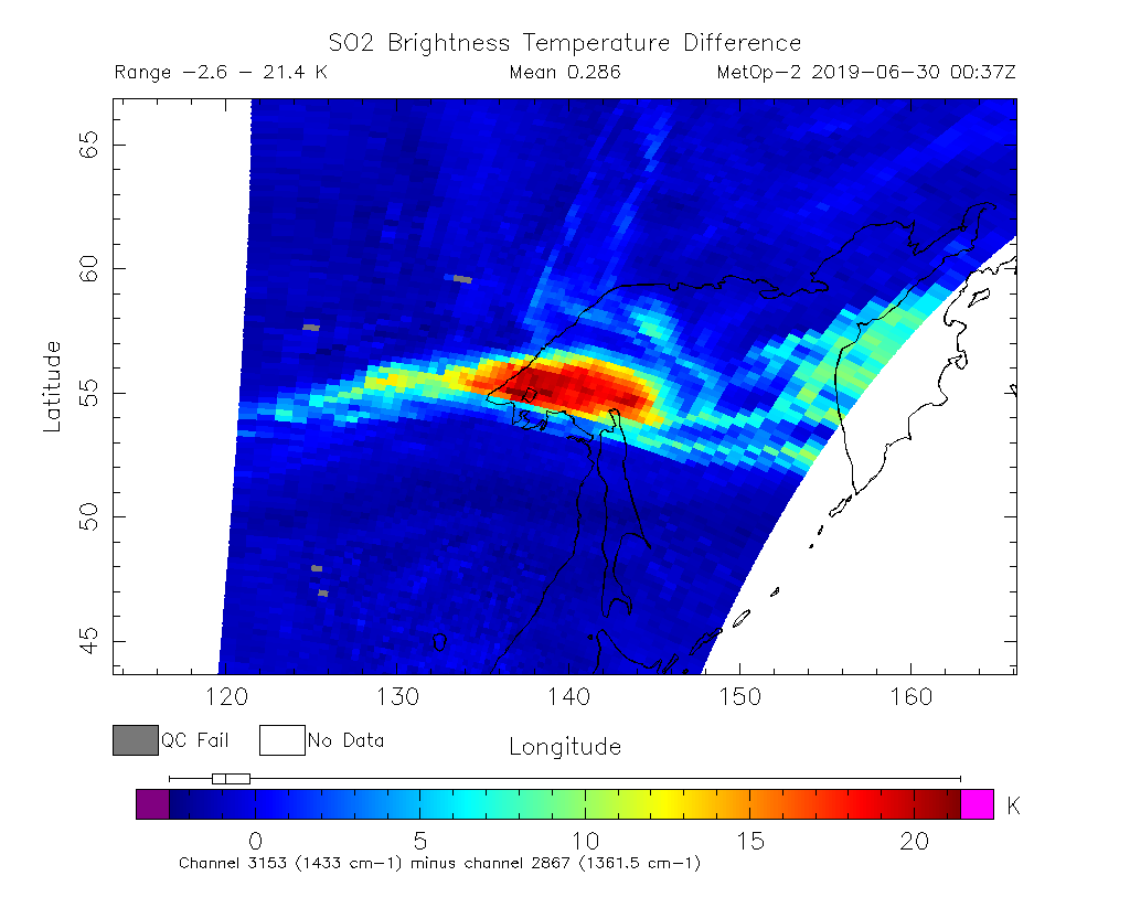 SO2 Brightness Temperature Difference 2019-06-30 00:37Z