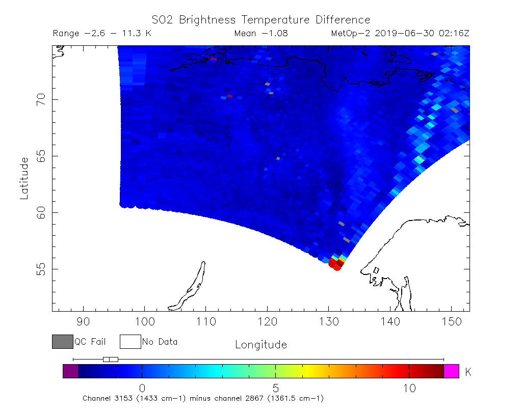 SO2 Brightness Temperature Difference 2019-06-30 02:16Z