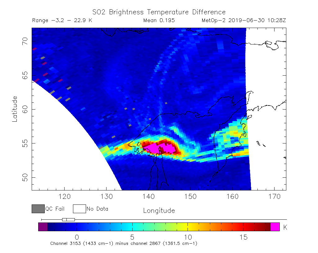 SO2 Brightness Temperature Difference 2019-06-30 10:28Z