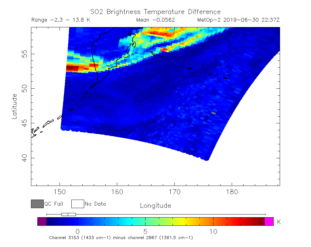 SO2 Brightness Temperature Difference 2019-06-30 22:37Z