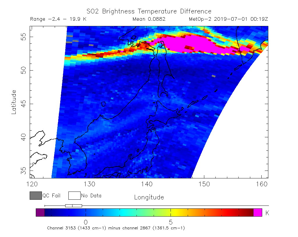 SO2 Brightness Temperature Difference 2019-07-01 00:19Z