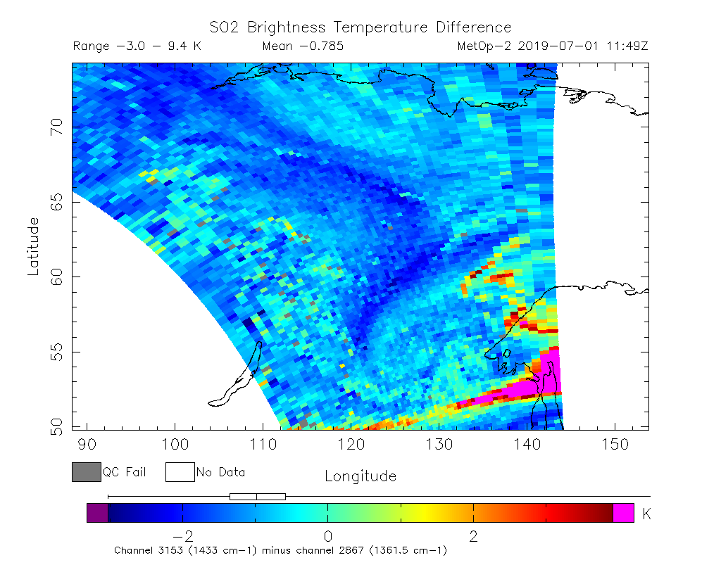 SO2 Brightness Temperature Difference 2019-07-01 11:49Z