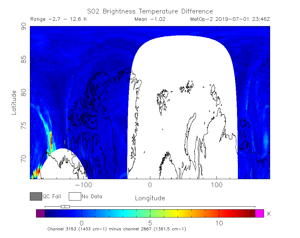 SO2 Brightness Temperature Difference 2019-07-01 23:46Z