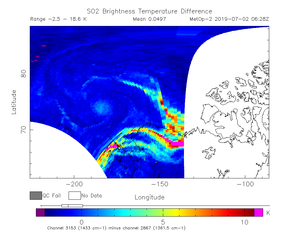 SO2 Brightness Temperature Difference 2019-07-02 06:28Z