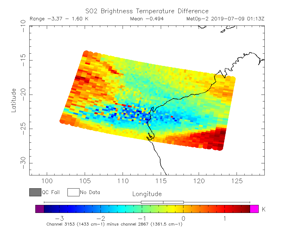 SO2 Brightness Temperature Difference 2019-07-09 01:13Z