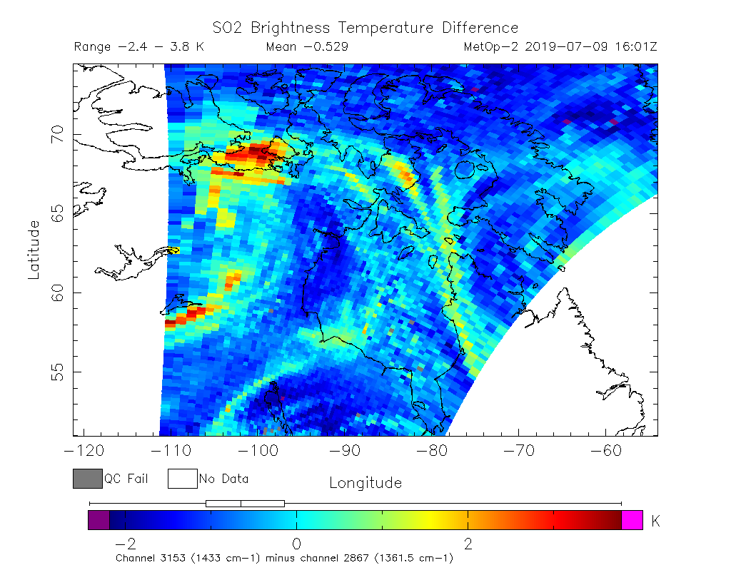 SO2 Brightness Temperature Difference 2019-07-09 16:01Z