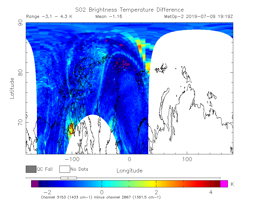 SO2 Brightness Temperature Difference 2019-07-09 19:19Z