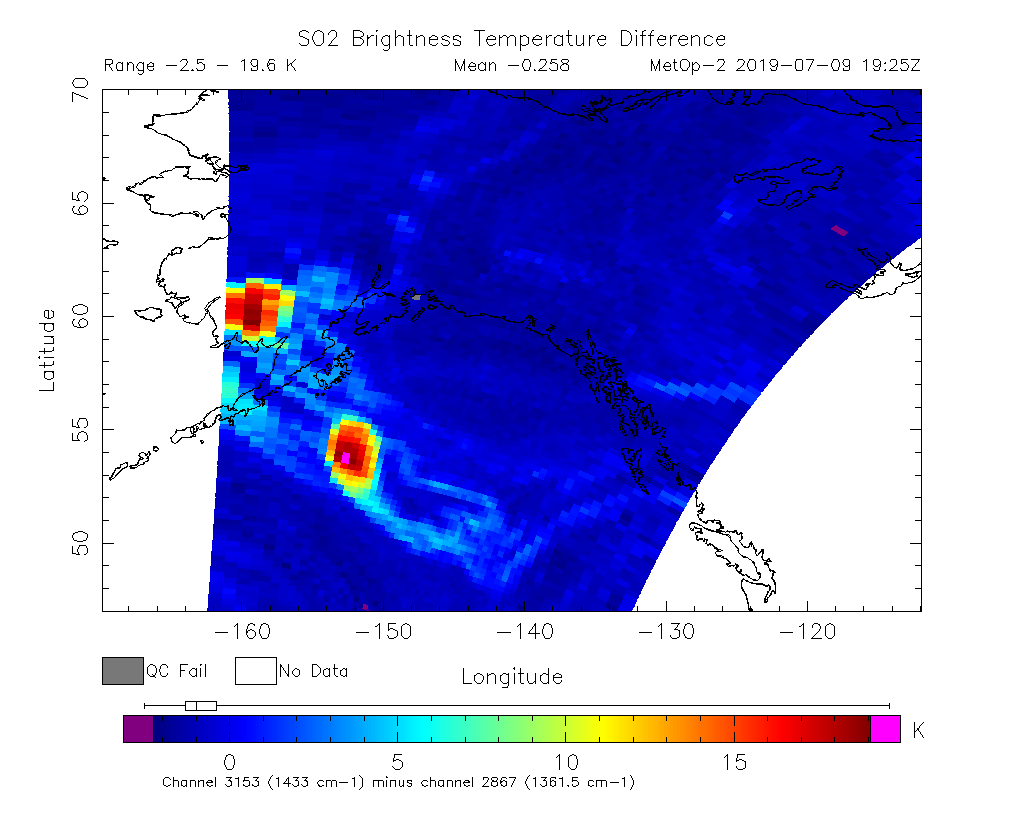 SO2 Brightness Temperature Difference 2019-07-09 19:25Z