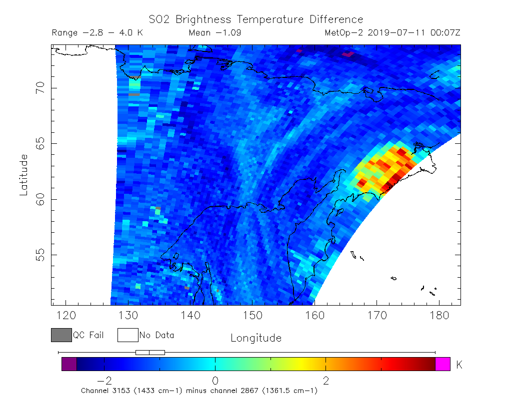 SO2 Brightness Temperature Difference 2019-07-11 00:07Z