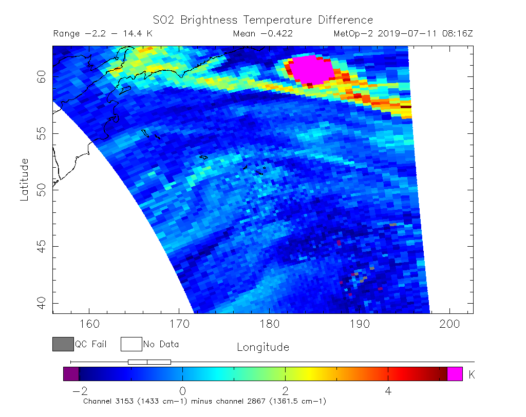 SO2 Brightness Temperature Difference 2019-07-11 08:16Z