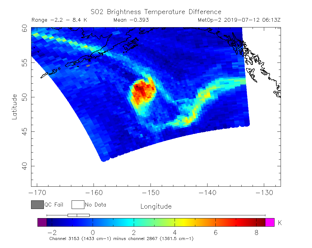 SO2 Brightness Temperature Difference 2019-07-12 06:13Z