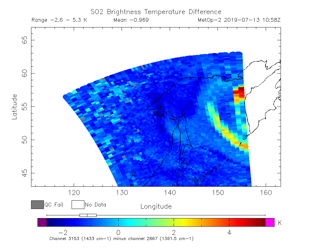SO2 Brightness Temperature Difference 2019-07-13 10:58Z