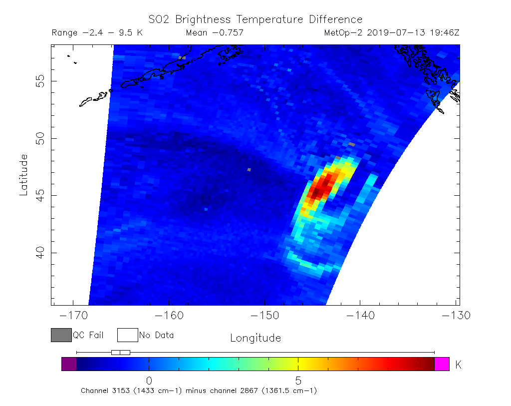 SO2 Brightness Temperature Difference 2019-07-13 19:46Z