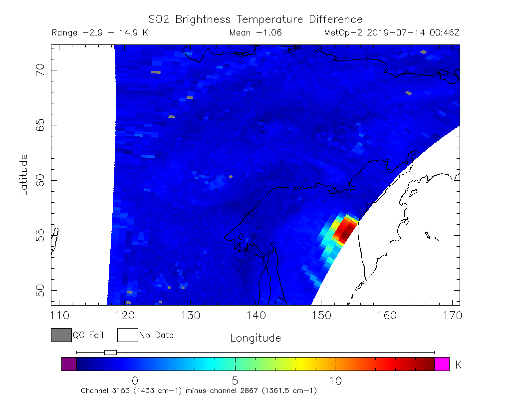 SO2 Brightness Temperature Difference 2019-07-14 00:46Z