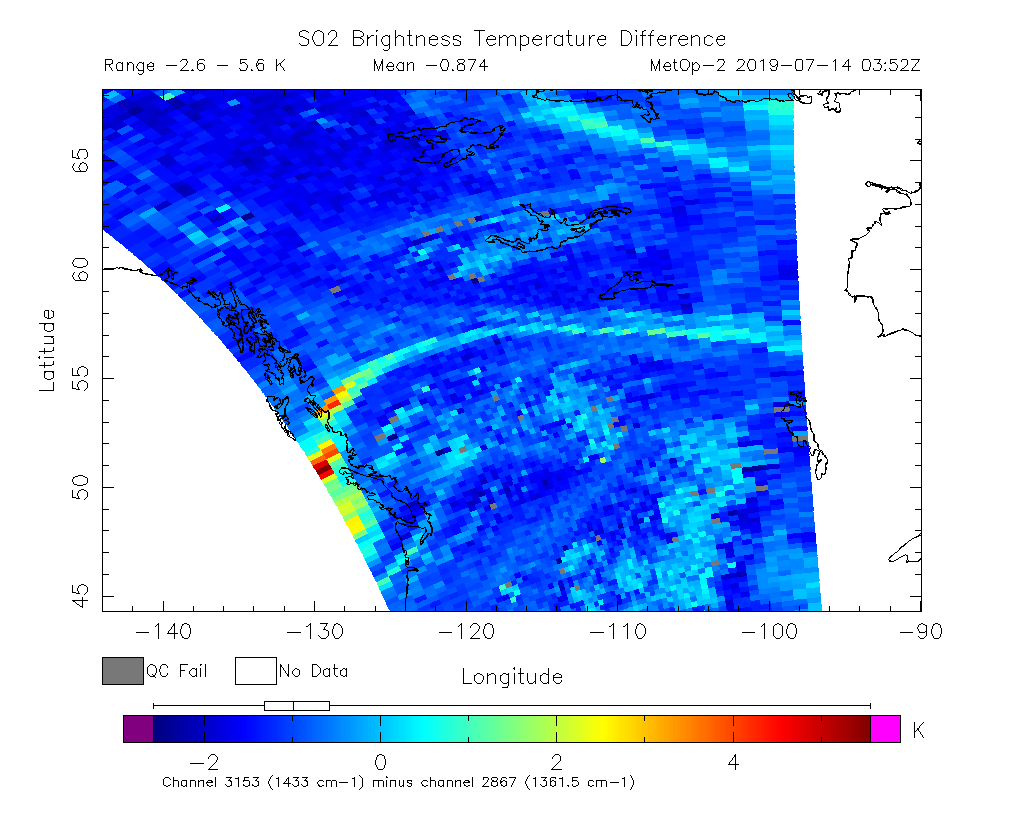 SO2 Brightness Temperature Difference 2019-07-14 03:52Z