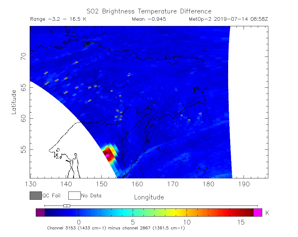 SO2 Brightness Temperature Difference 2019-07-14 08:58Z