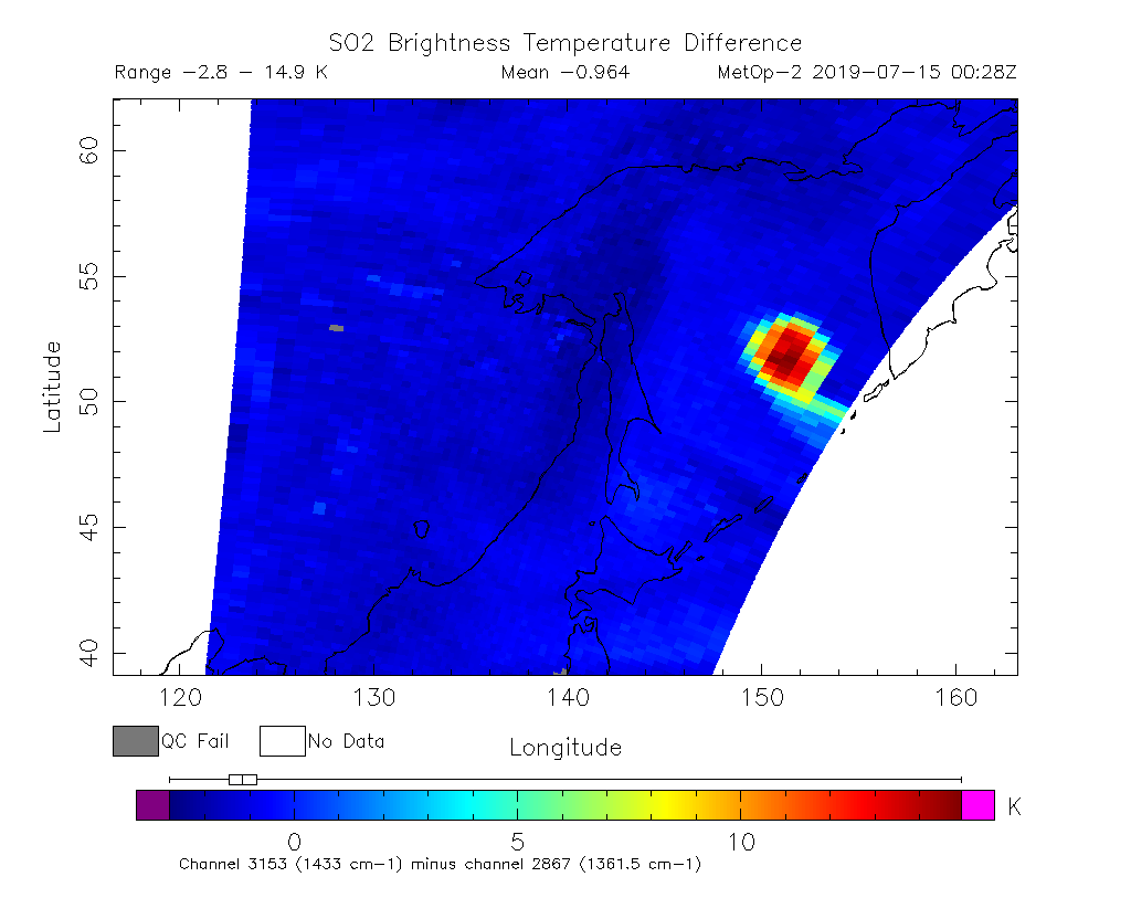 SO2 Brightness Temperature Difference 2019-07-15 00:28Z