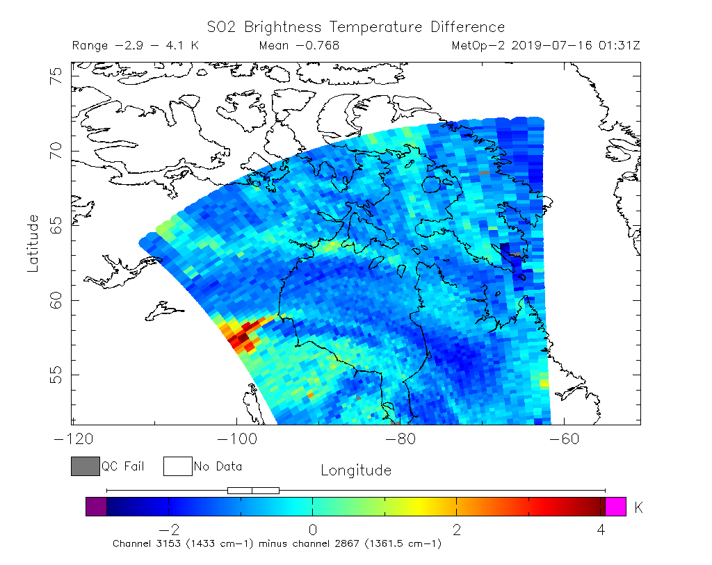 SO2 Brightness Temperature Difference 2019-07-16 01:31Z