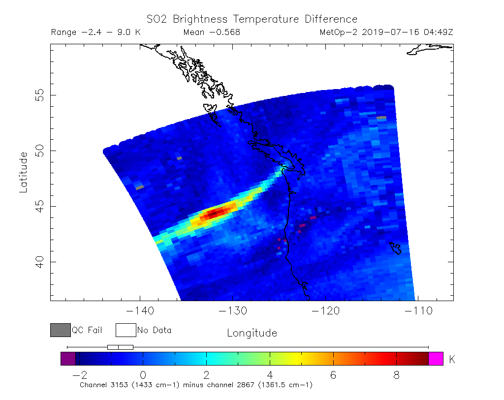 SO2 Brightness Temperature Difference 2019-07-16 04:49Z
