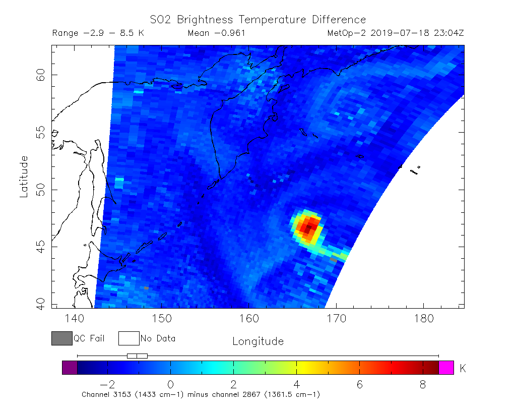 SO2 Brightness Temperature Difference 2019-07-18 23:04Z