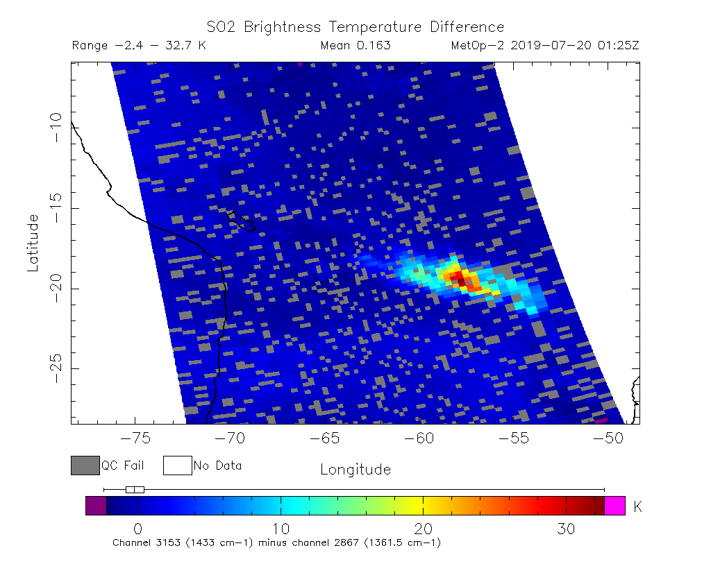 SO2 Brightness Temperature Difference 2019-07-20 01:25Z