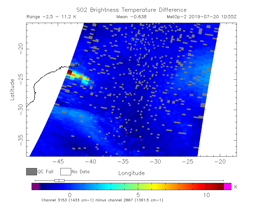 SO2 Brightness Temperature Difference 2019-07-20 10:55Z
