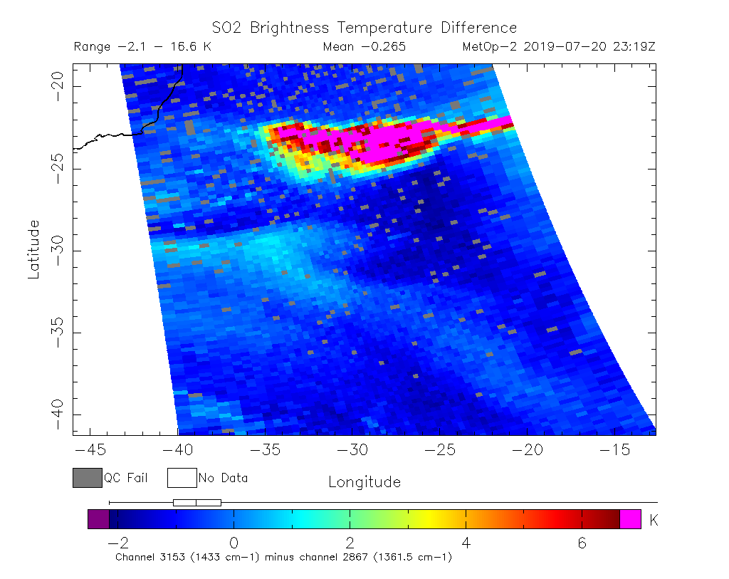 SO2 Brightness Temperature Difference 2019-07-20 23:19Z