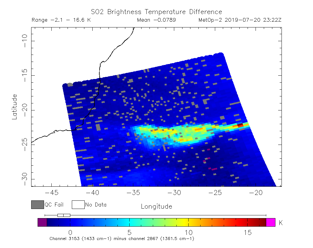SO2 Brightness Temperature Difference 2019-07-20 23:22Z