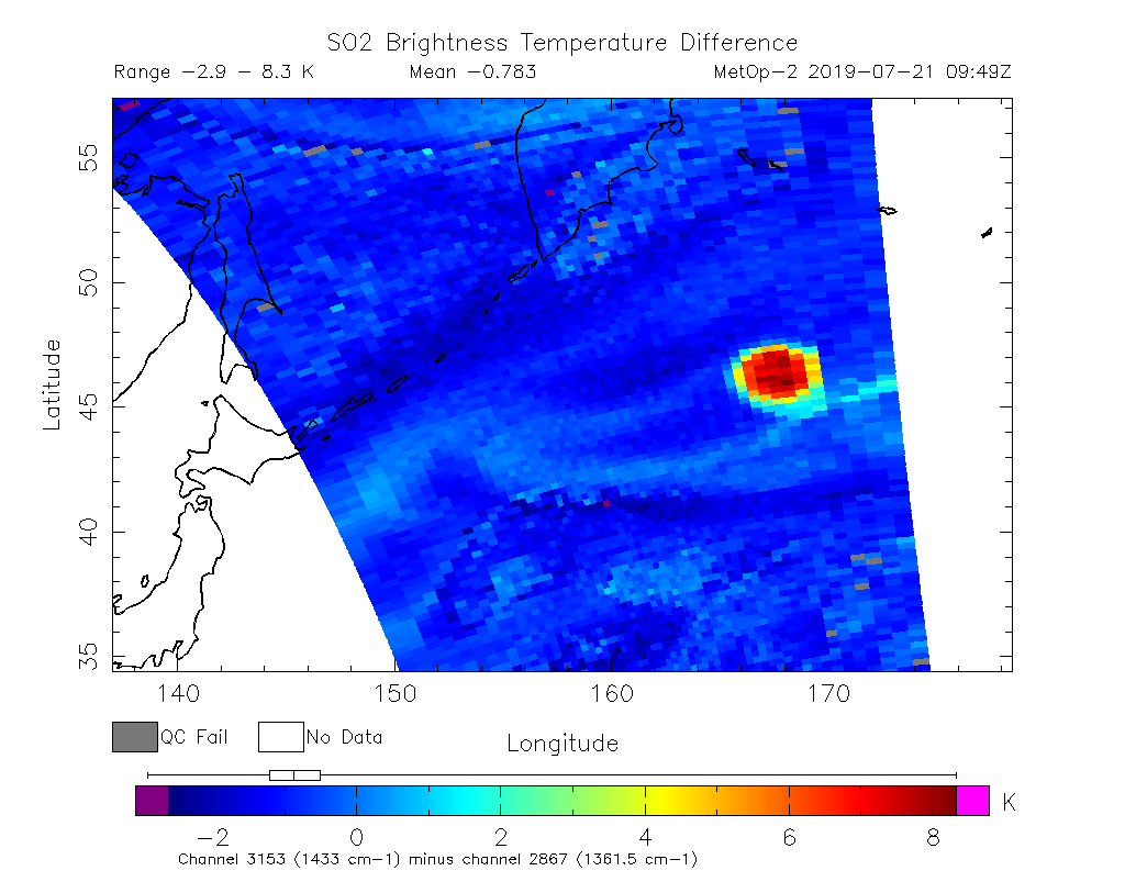 SO2 Brightness Temperature Difference 2019-07-21 09:49Z