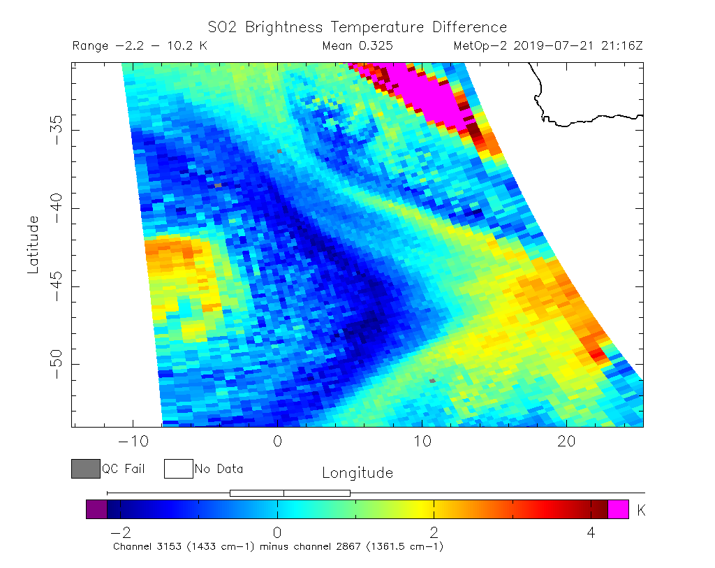 SO2 Brightness Temperature Difference 2019-07-21 21:16Z