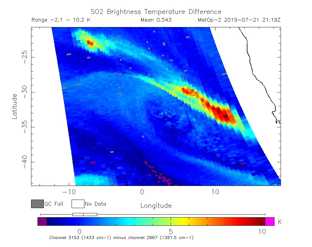SO2 Brightness Temperature Difference 2019-07-21 21:19Z