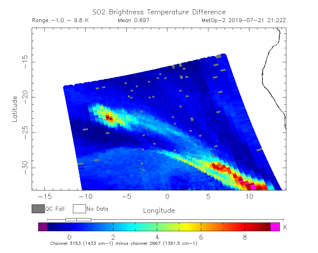 SO2 Brightness Temperature Difference 2019-07-21 21:22Z
