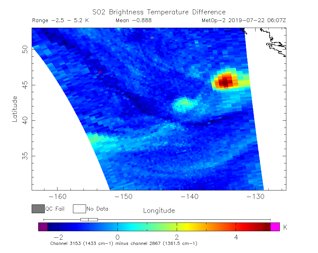 SO2 Brightness Temperature Difference 2019-07-22 06:07Z