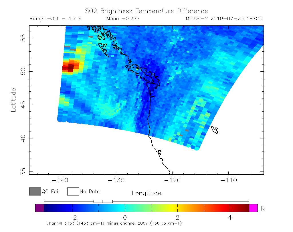 SO2 Brightness Temperature Difference 2019-07-23 18:01Z