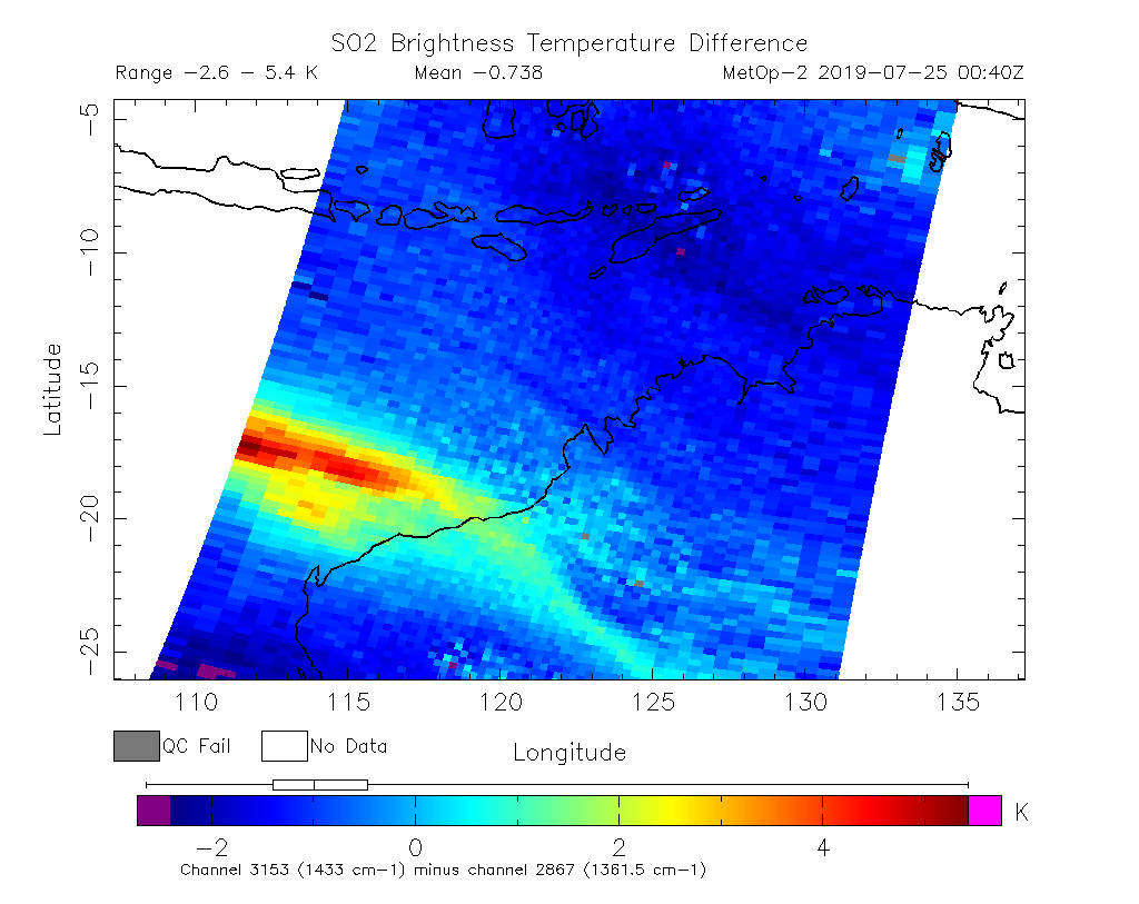 SO2 Brightness Temperature Difference 2019-07-25 00:40Z