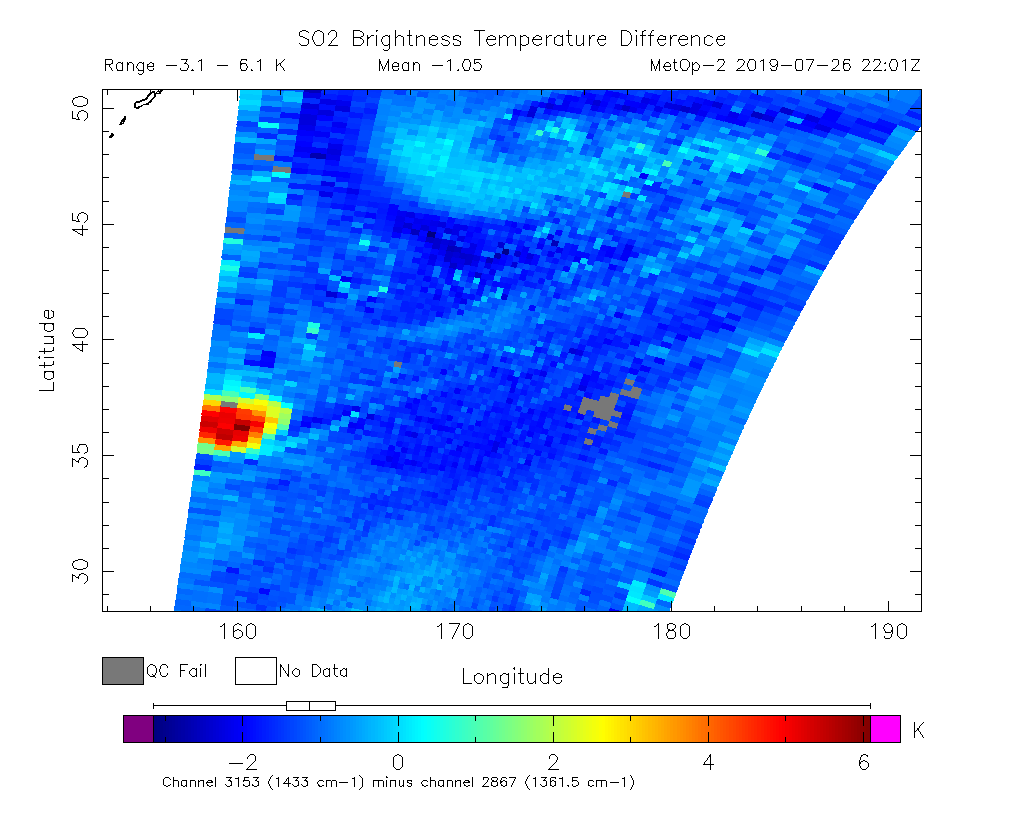 SO2 Brightness Temperature Difference 2019-07-26 22:01Z