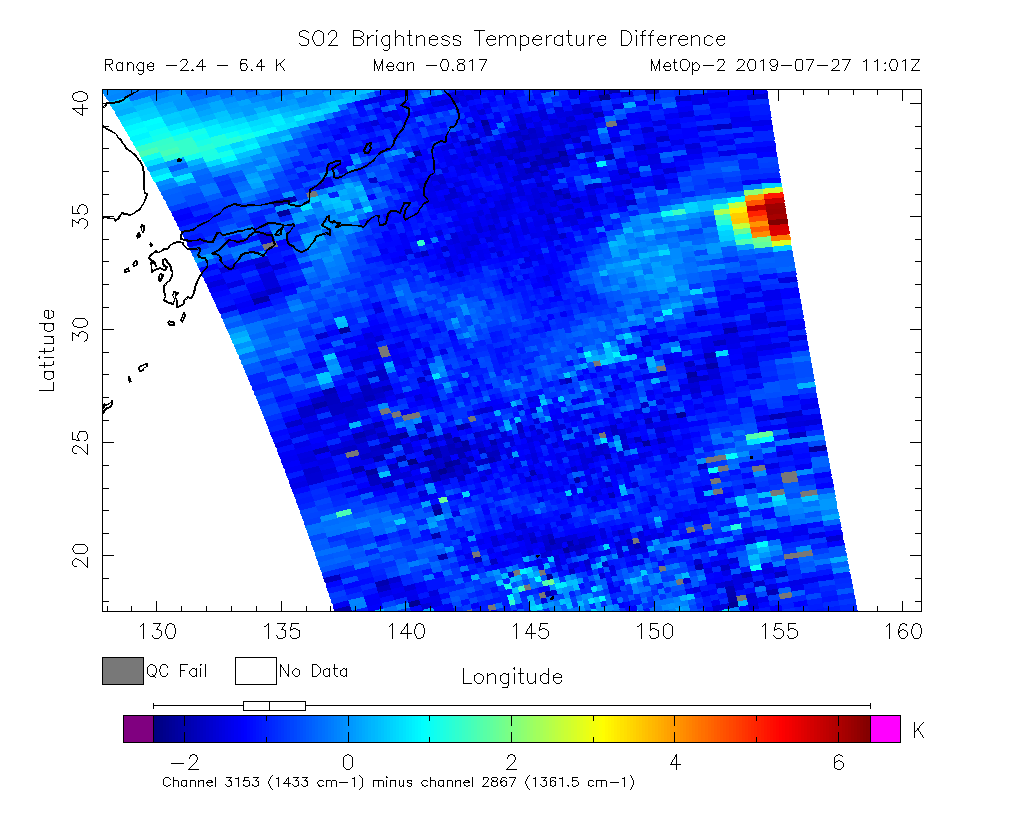 SO2 Brightness Temperature Difference 2019-07-27 11:01Z