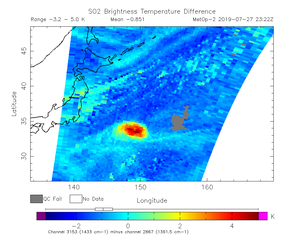 SO2 Brightness Temperature Difference 2019-07-27 23:22Z