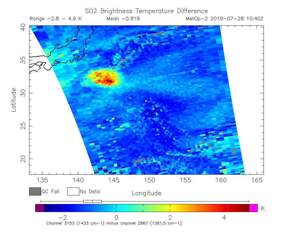 SO2 Brightness Temperature Difference 2019-07-28 10:40Z