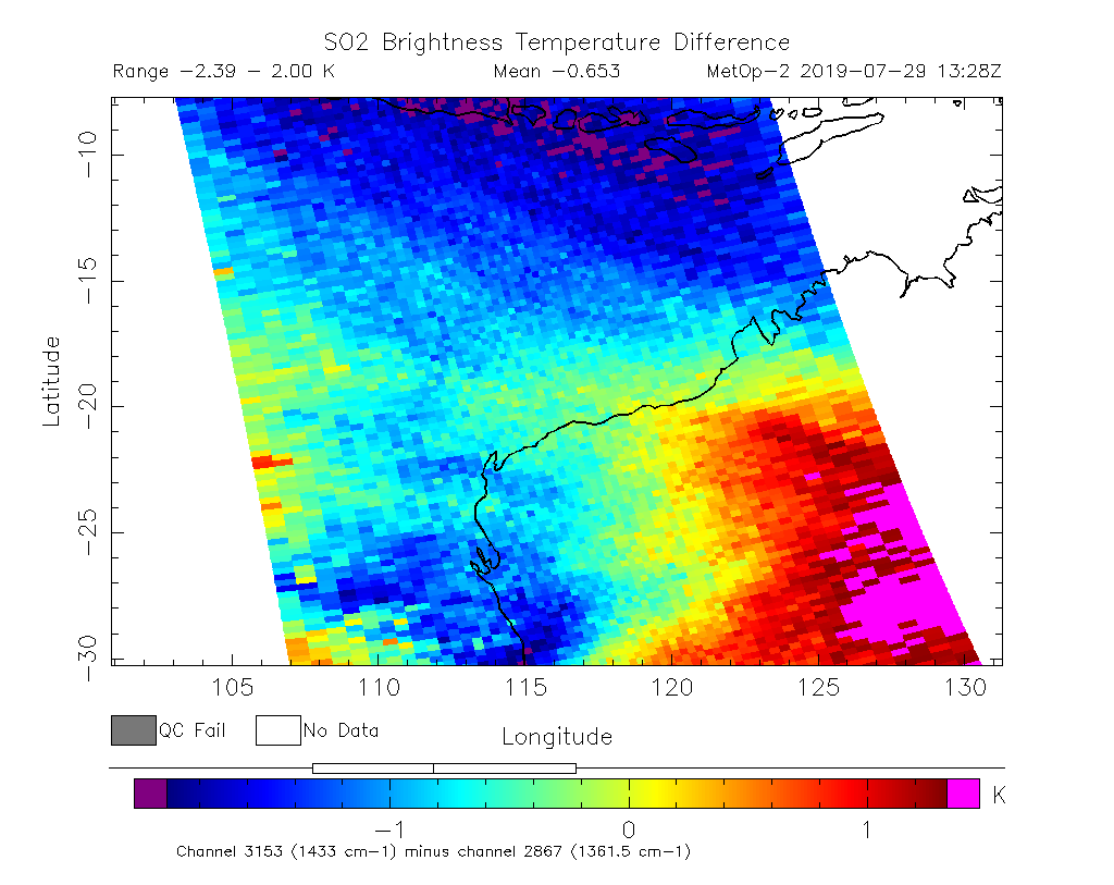 SO2 Brightness Temperature Difference 2019-07-29 13:28Z