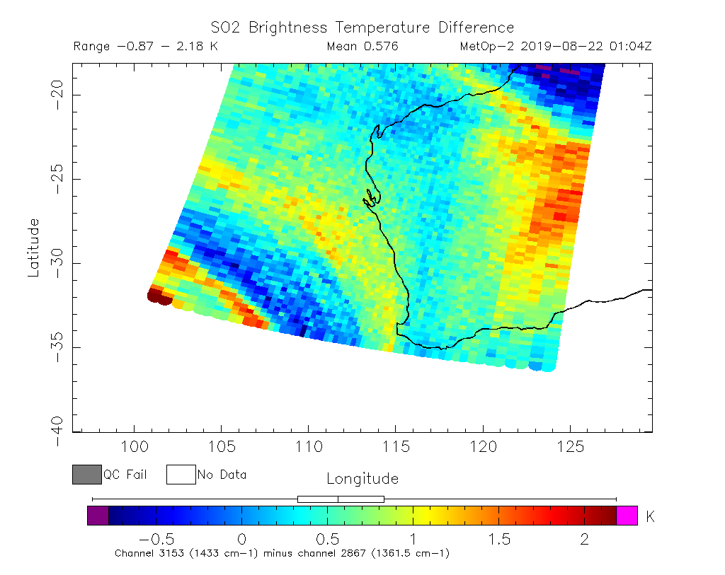 SO2 Brightness Temperature Difference 2019-08-22 01:04Z