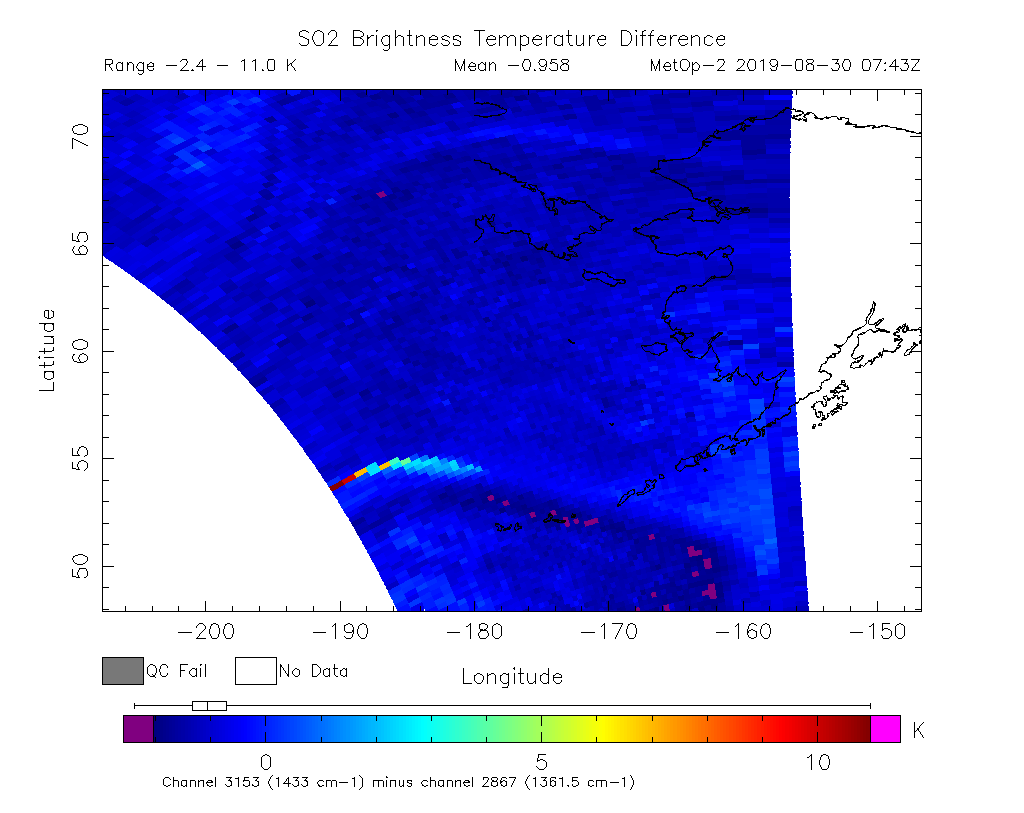 SO2 Brightness Temperature Difference 2019-08-30 07:43Z