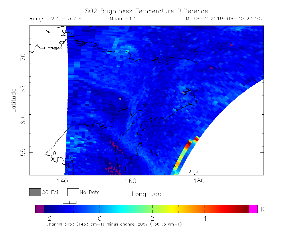 SO2 Brightness Temperature Difference 2019-08-30 23:10Z