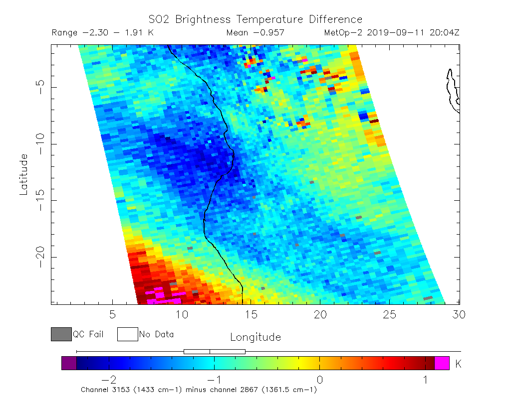 SO2 Brightness Temperature Difference 2019-09-11 20:04Z